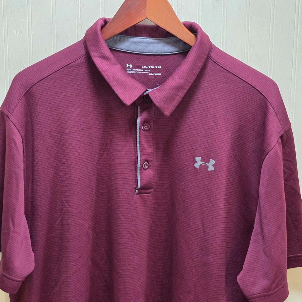 Under Armour HeatGear Polo Shirt Mens 2XL Red Stripe Golf Performance Top